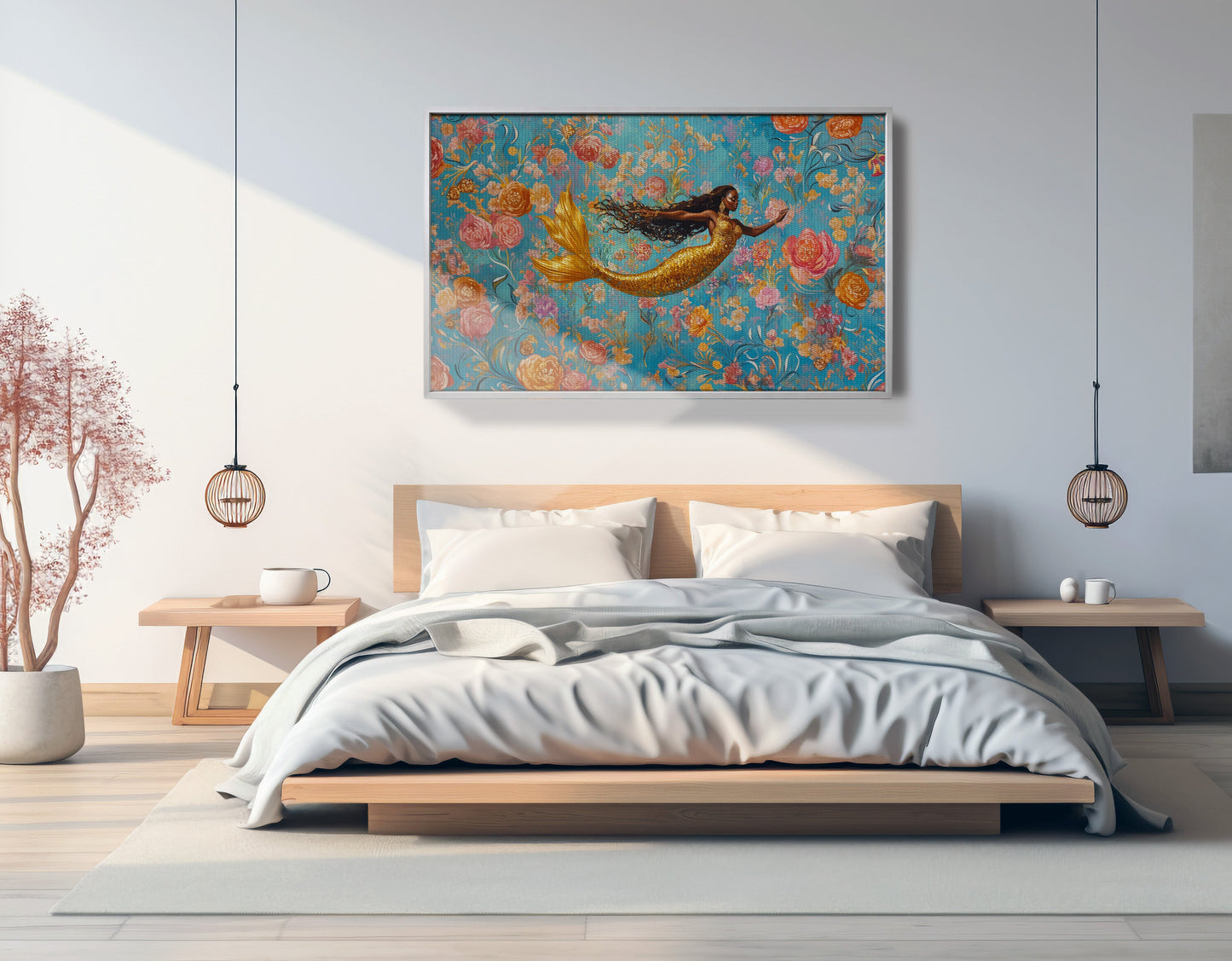 Black Mermaid Turquoise Floral African American canvas print view 57