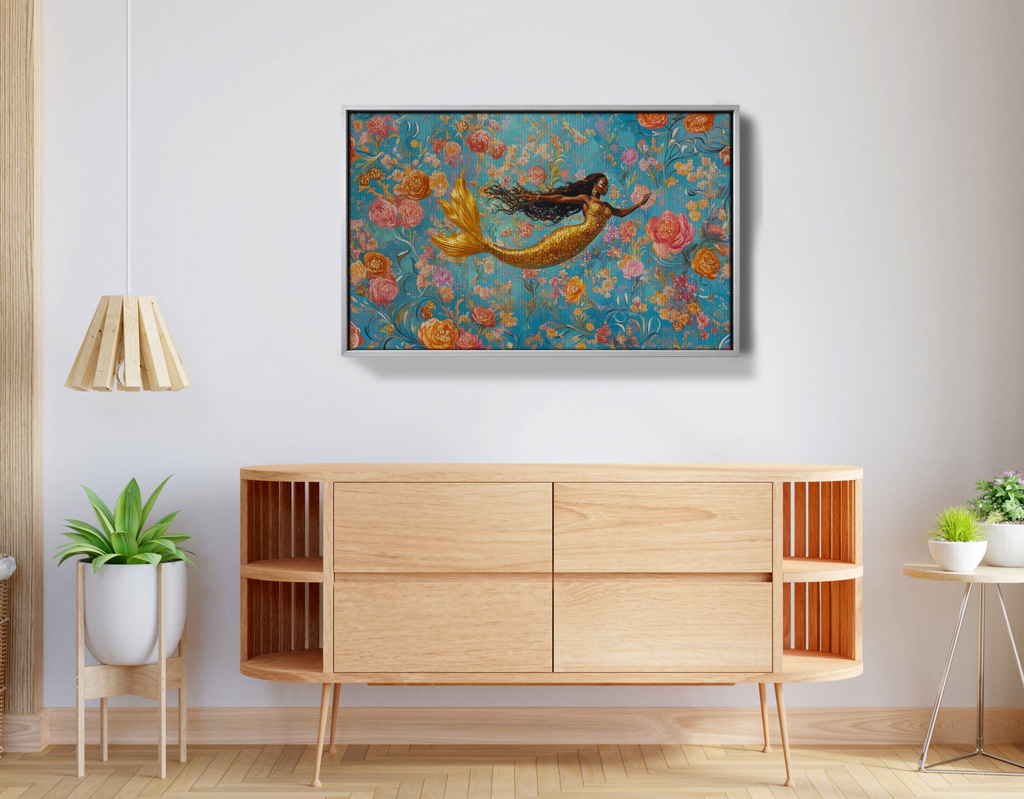 Black Mermaid Turquoise Floral African American canvas print view 56