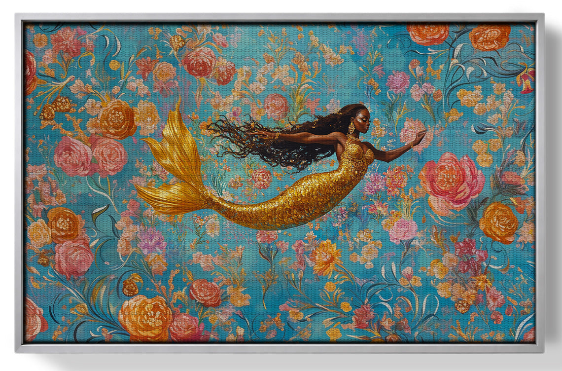Black Mermaid Turquoise Floral African American canvas print view 55