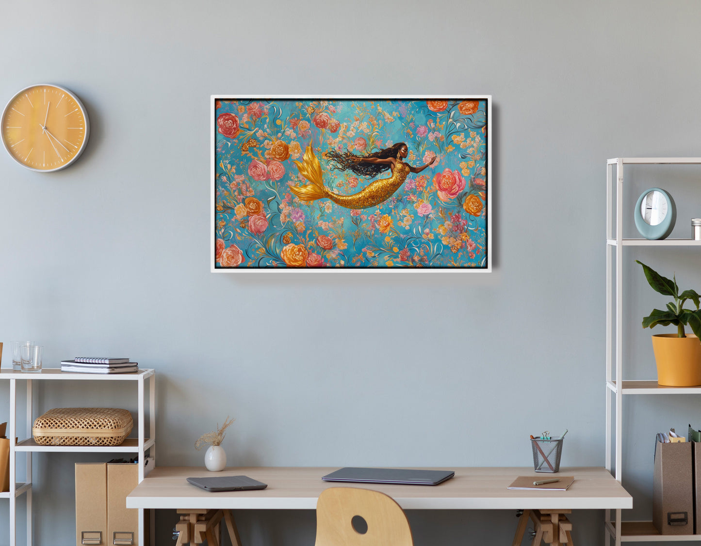 Black Mermaid Turquoise Floral African American canvas print view 66