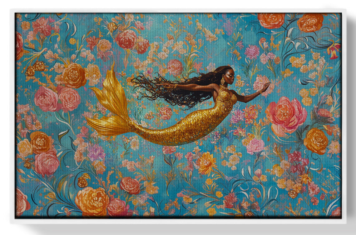 Black Mermaid Turquoise Floral African American canvas print view 61