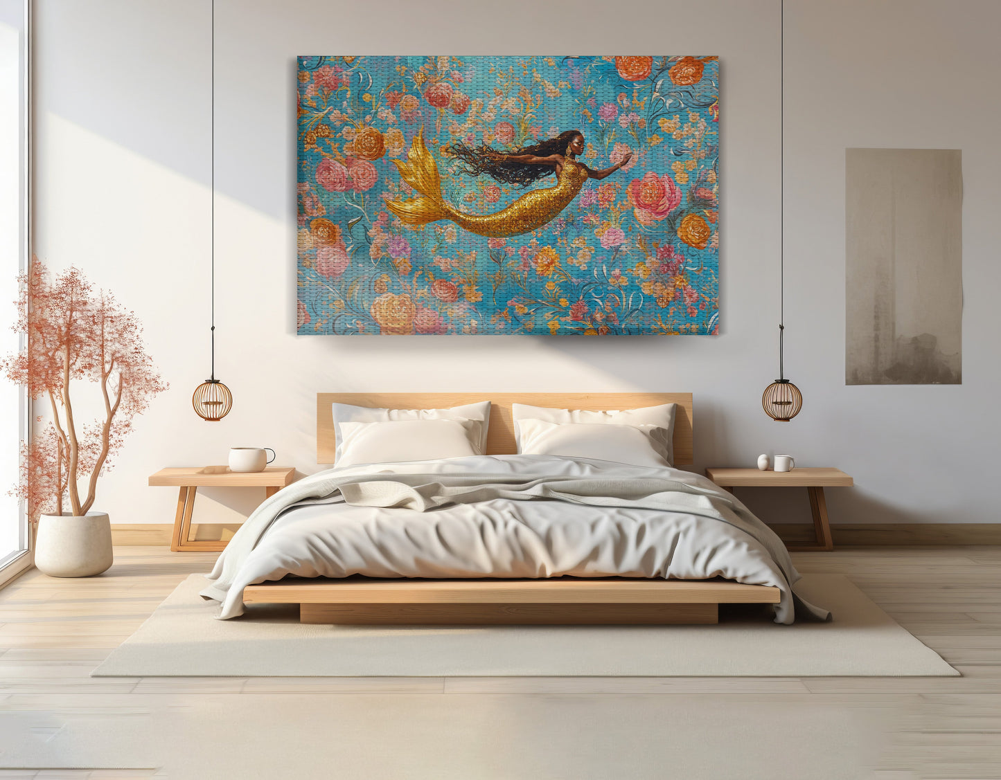 Black Mermaid Turquoise Floral African American canvas print view 15