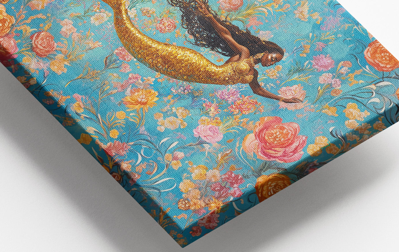 Black Mermaid Turquoise Floral African American canvas print view 16