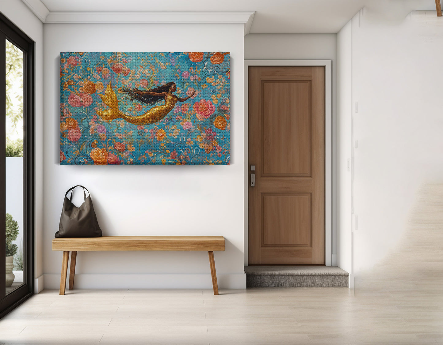 Black Mermaid Turquoise Floral African American canvas print view 17