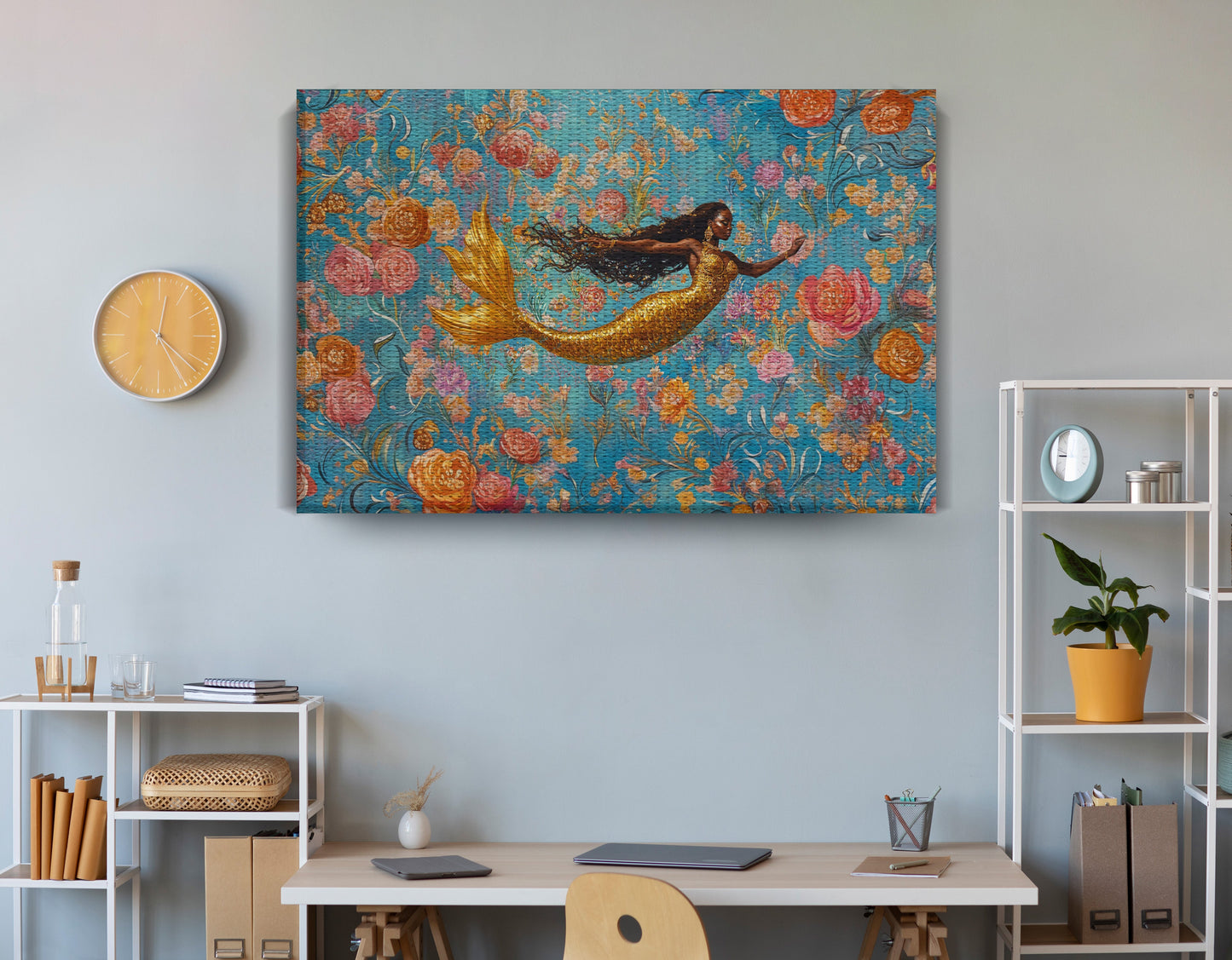Black Mermaid Turquoise Floral African American canvas print view 18