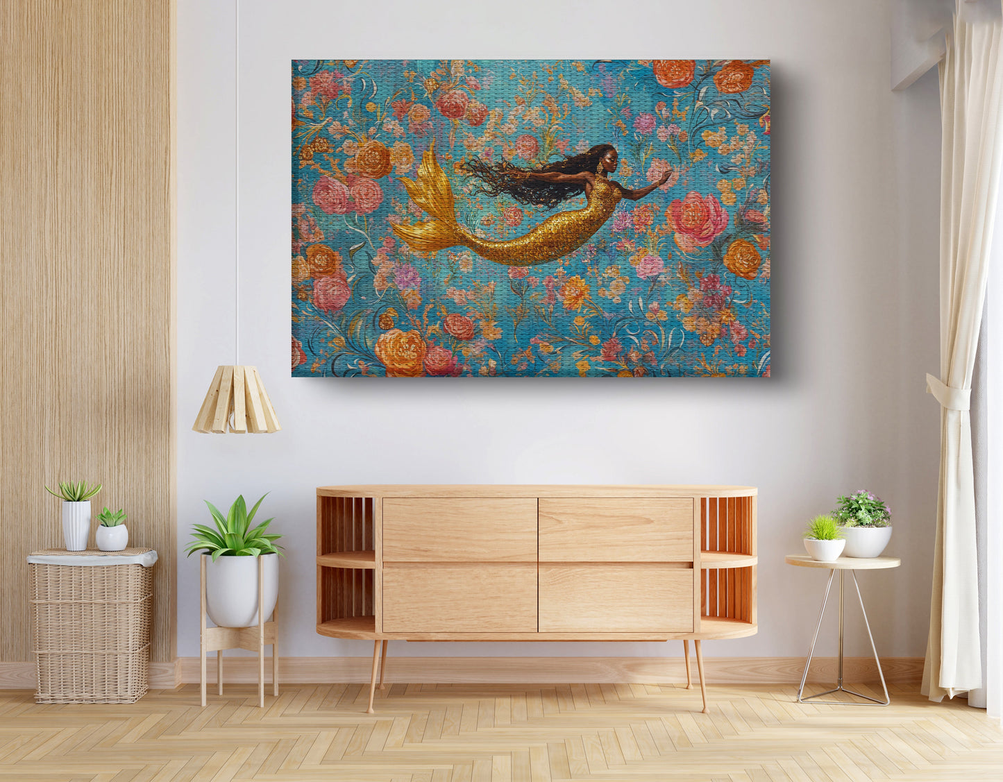 Black Mermaid Turquoise Floral African American canvas print view 14