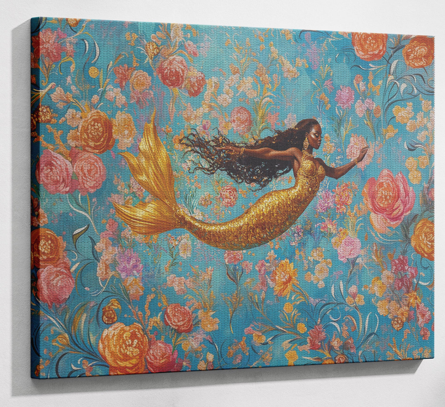 Black Mermaid Turquoise Floral African American canvas print view 13