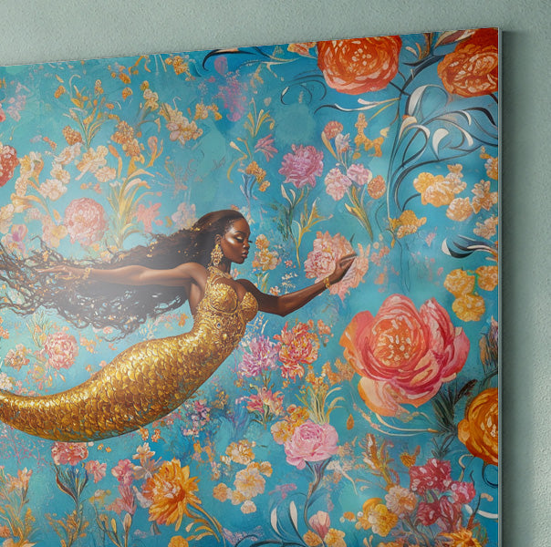 Black Mermaid Turquoise Floral African American canvas print view 22