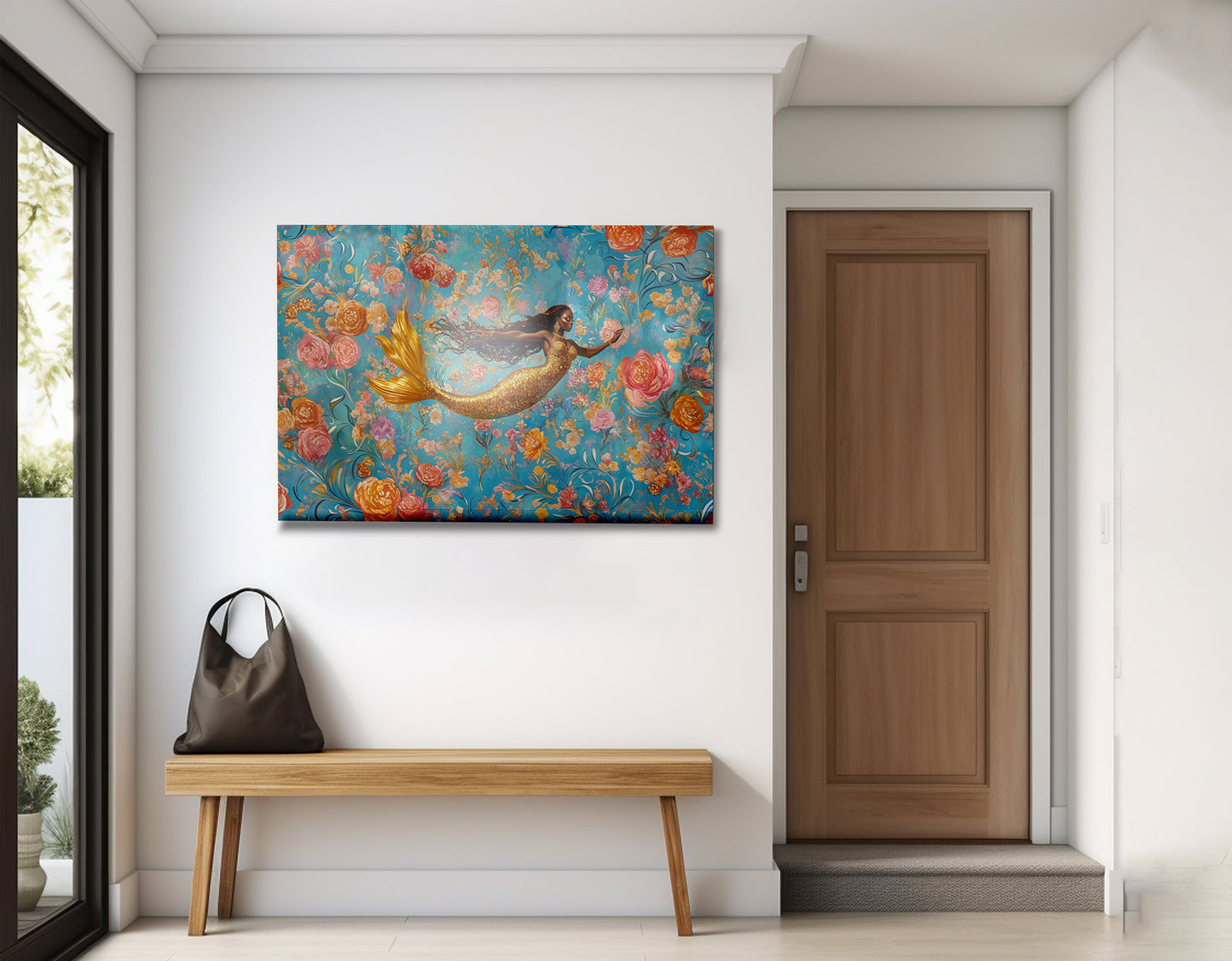 Black Mermaid Turquoise Floral African American canvas print view 23