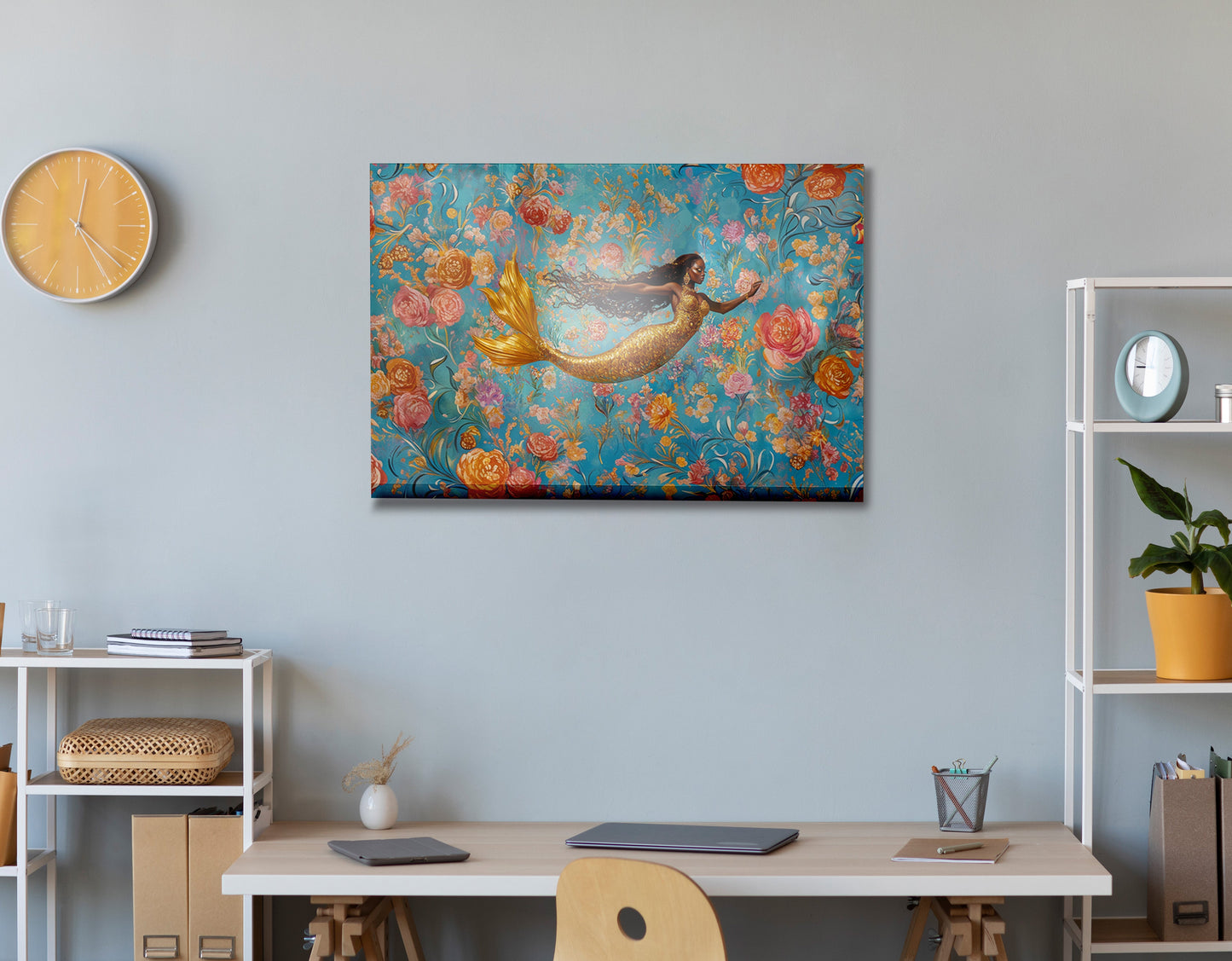 Black Mermaid Turquoise Floral African American canvas print view 24