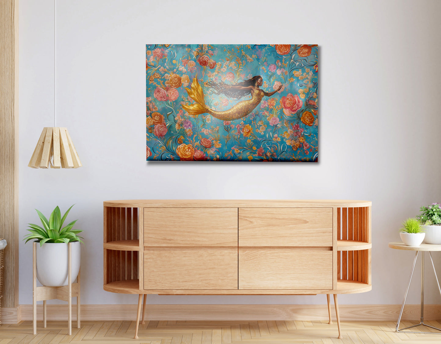 Black Mermaid Turquoise Floral African American canvas print view 20