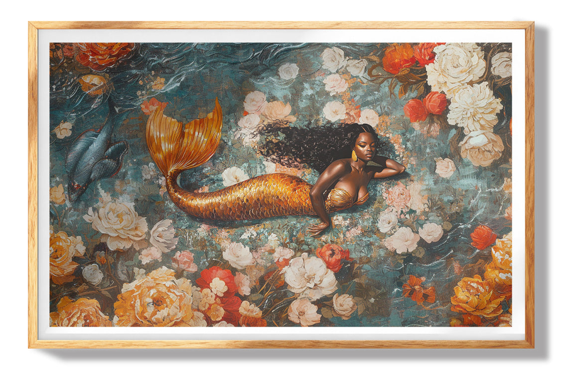 Black Mermaid Floral Fantasy African American canvas print shown for size and home styling reference