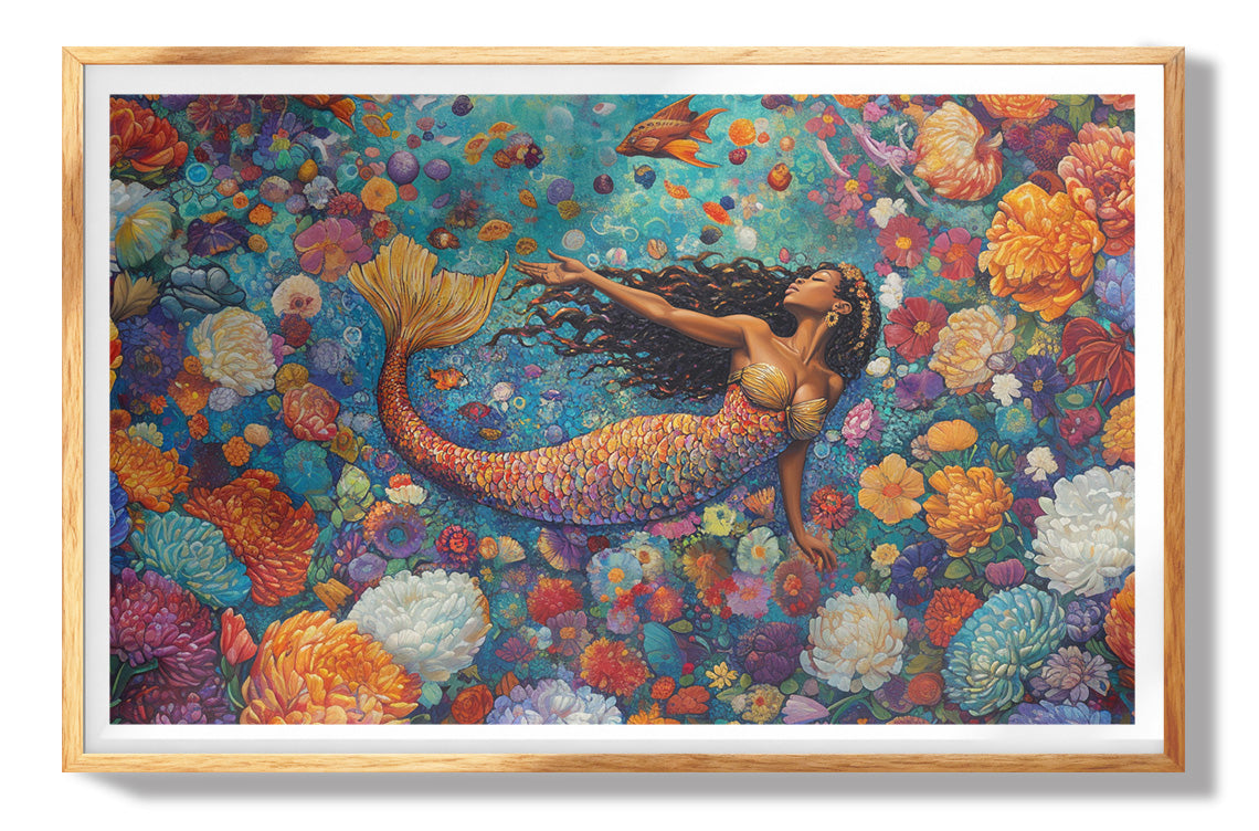 Black Mermaid Dark Floral African American canvas print shown for size and home styling reference