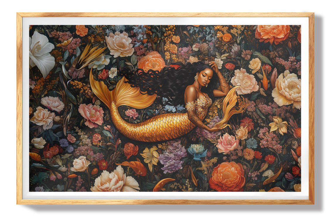 Black Mermaid Coral Reef African American canvas print shown for size and home styling reference