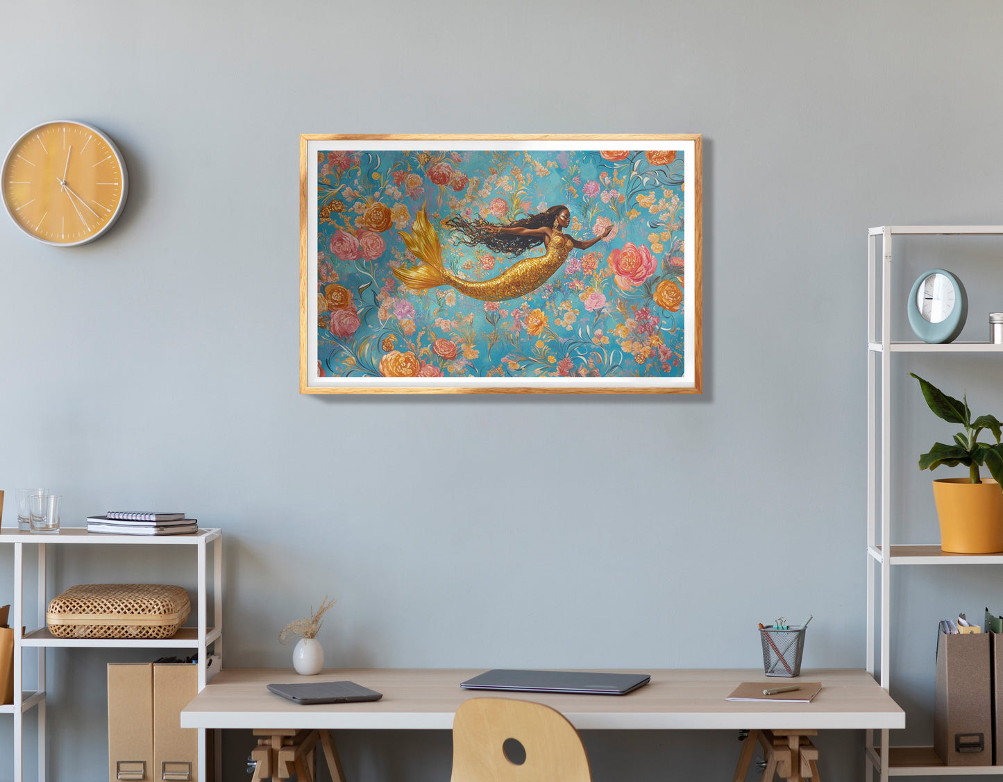 Black Mermaid Turquoise Floral African American canvas print view 78