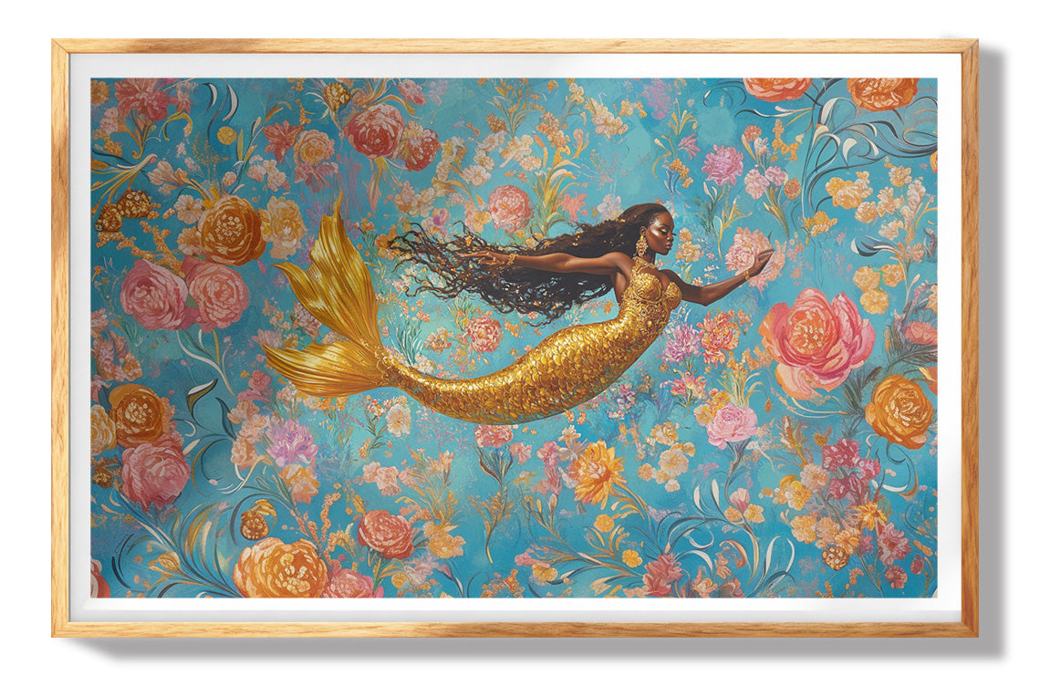 Black Mermaid Turquoise Floral African American canvas print shown for size and home styling reference
