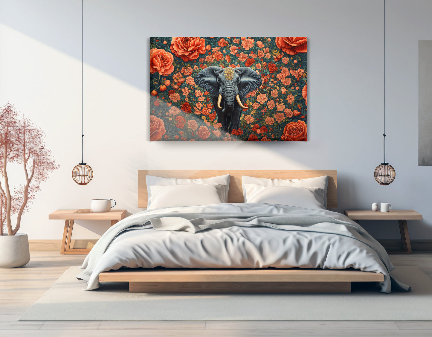 Elephant Rose Floral African American canvas print displayed as bedroom wall decor