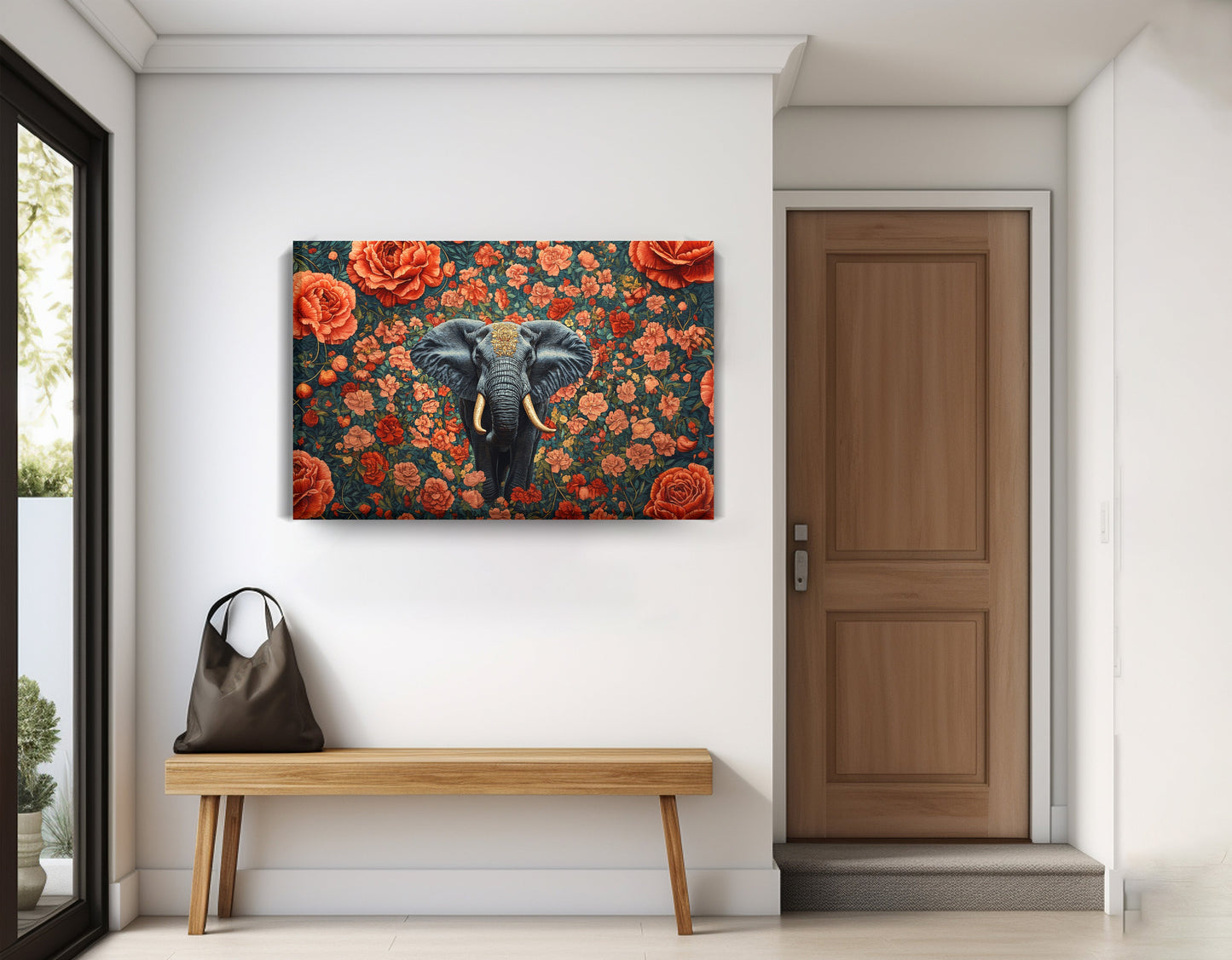 Elephant Rose Floral African American canvas print displayed as entryway wall decor