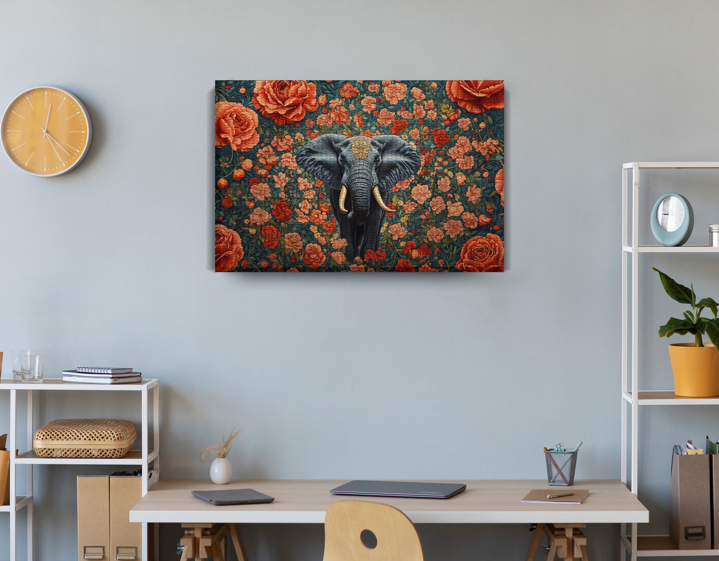 Elephant Rose Floral African American canvas print displayed as office wall decor