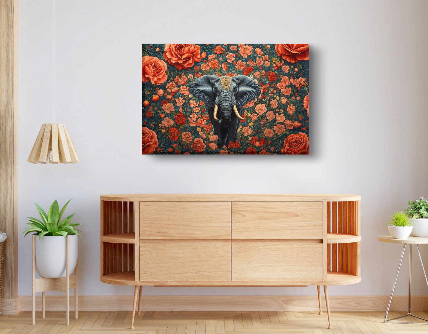 Elephant Rose Floral African American canvas print displayed as living room wall decor