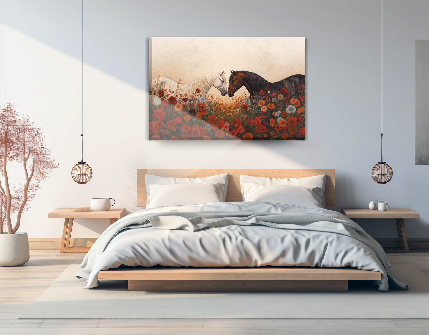 Horse Floral Meadow Black African American canvas print displayed as bedroom wall decor