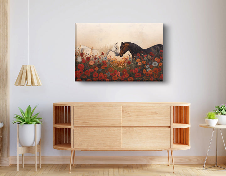 Horse Floral Meadow Black Wall Art