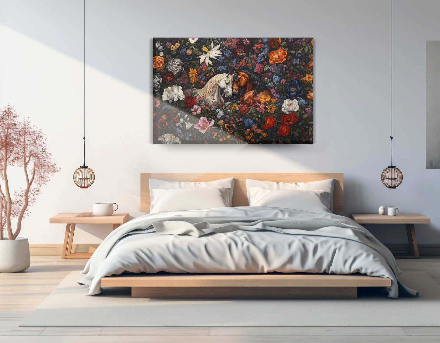 White Horse Floral Black African American canvas print displayed as bedroom wall decor