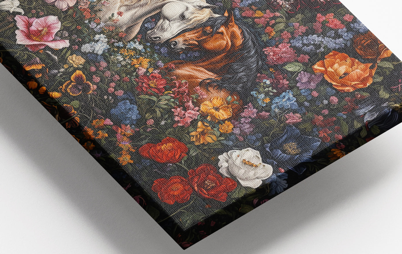 Close-up of White Horse Floral Black African American canvas print detail