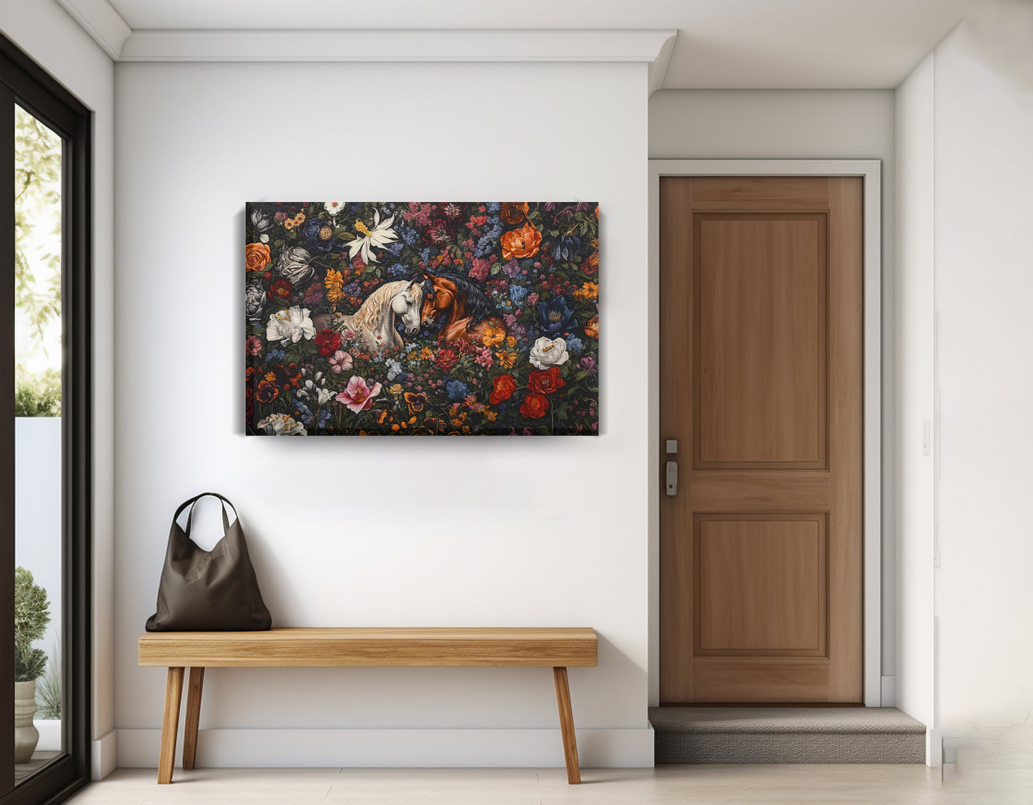 White Horse Floral Black African American canvas print displayed as entryway wall decor