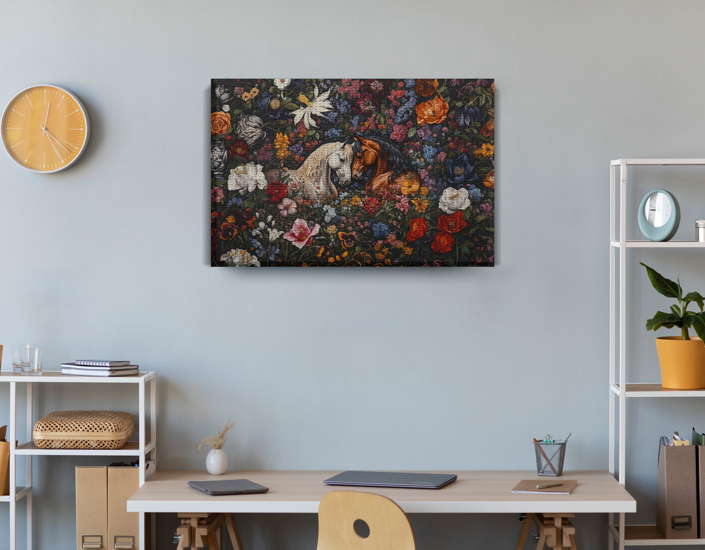 White Horse Floral Black African American canvas print displayed as office wall decor