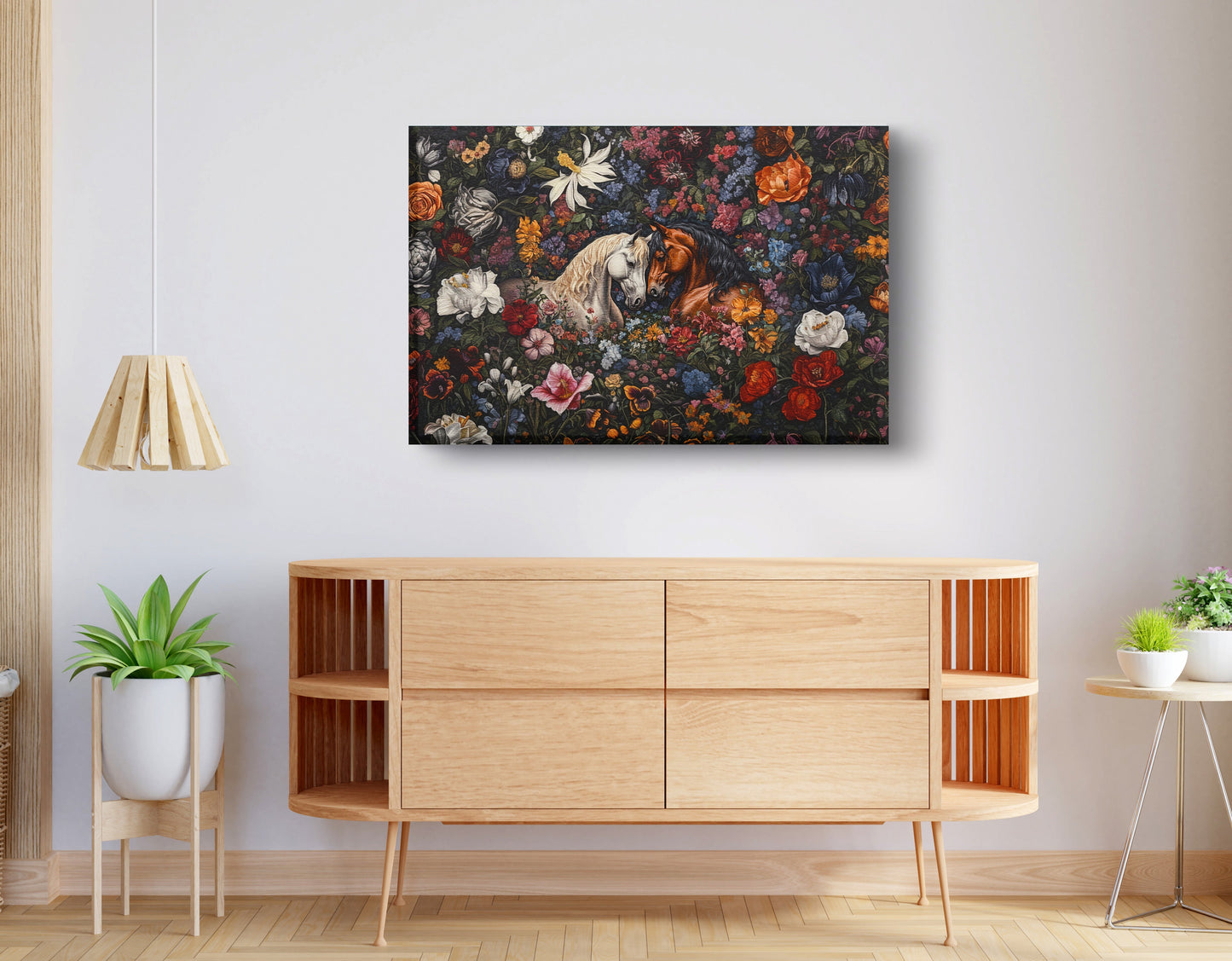 White Horse Floral Black African American canvas print displayed as living room wall decor