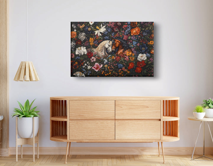 White Horse Floral Black Wall Art