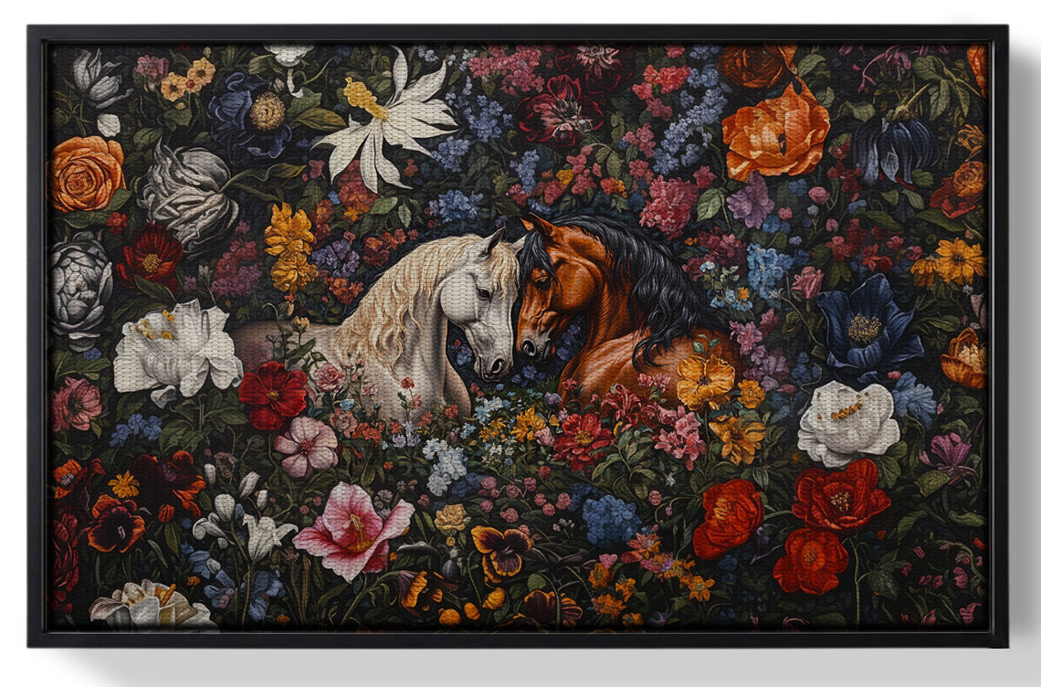 Framed White Horse Floral Black African American canvas print for home decor