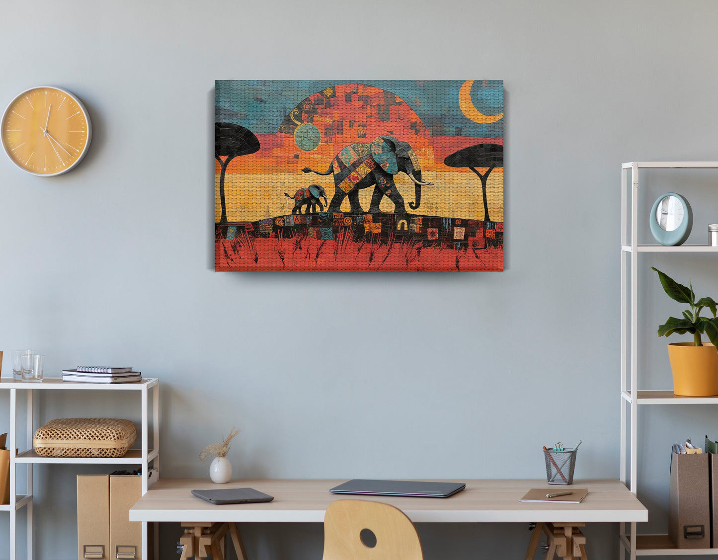 Elephant Sunset Abstract African American abstract art displayed as office wall decor