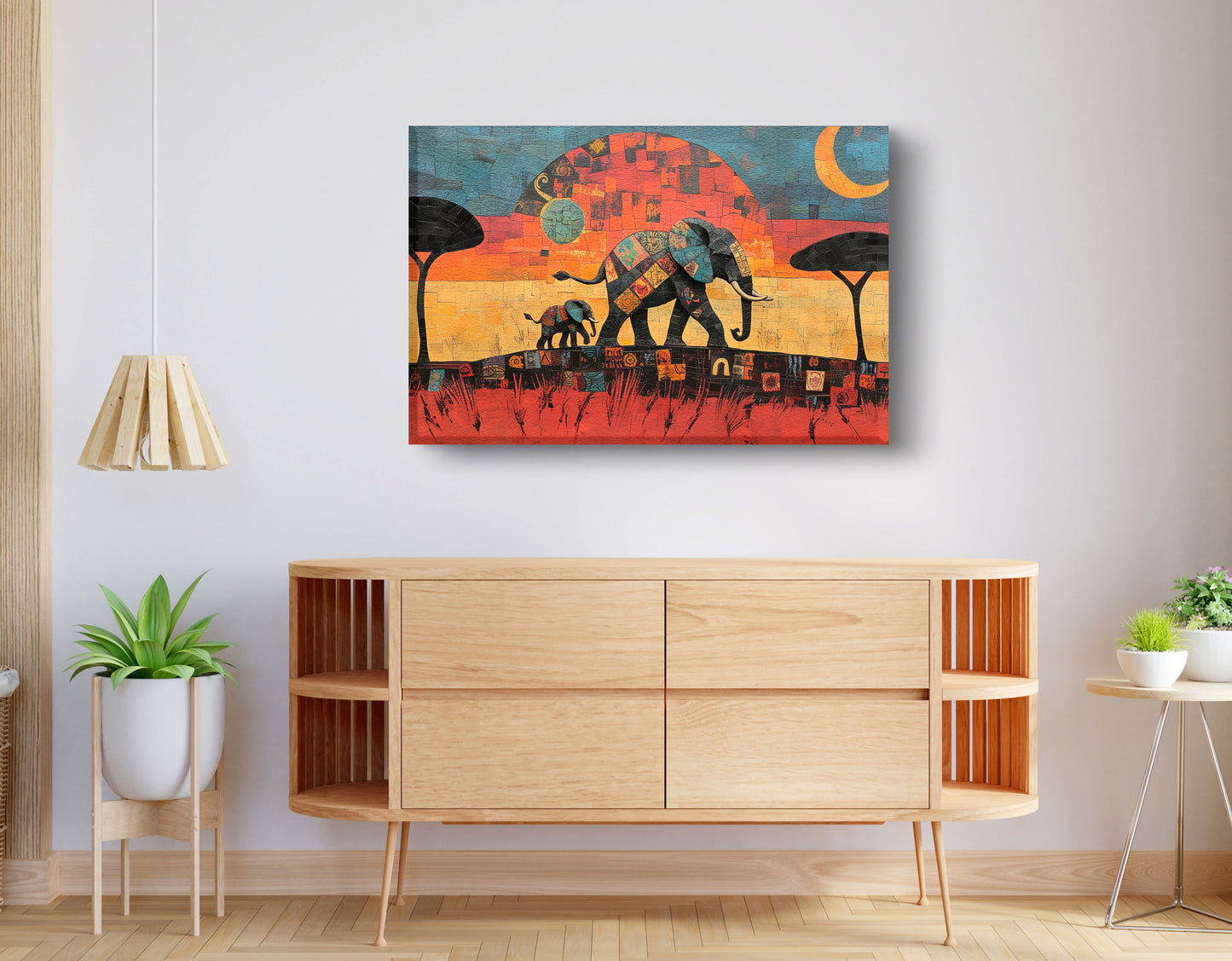 Elephant Sunset Abstract African American abstract art displayed as living room wall decor