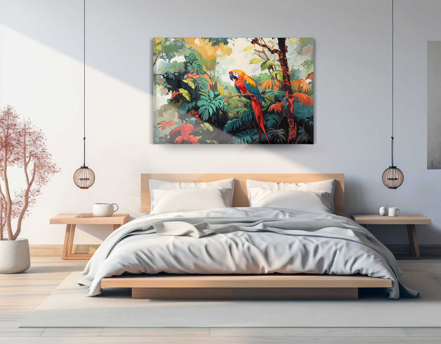 Tropical Parrot Jungle Black Caribbean wall art displayed as bedroom wall decor