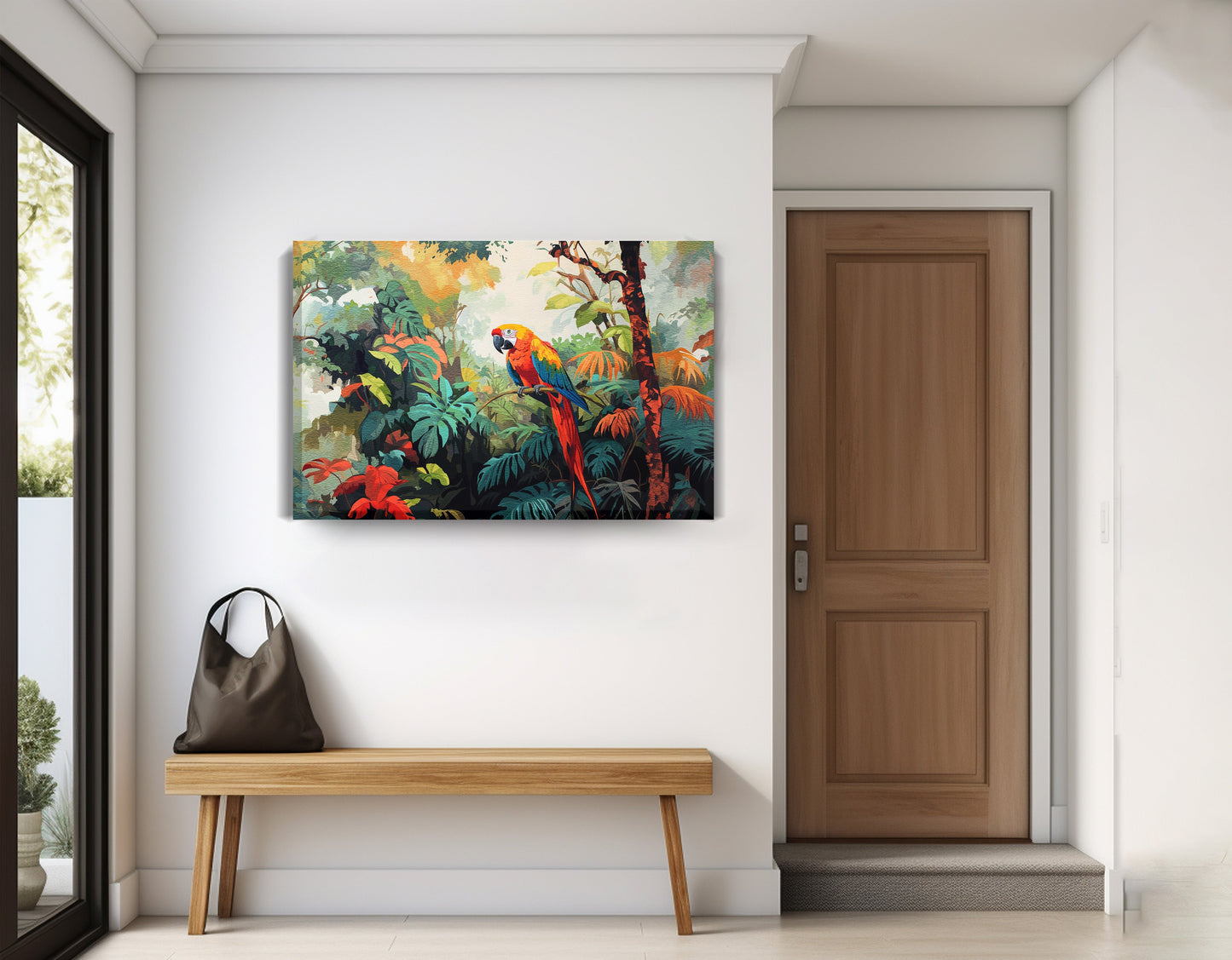 Tropical Parrot Jungle Black Caribbean wall art displayed as entryway wall decor