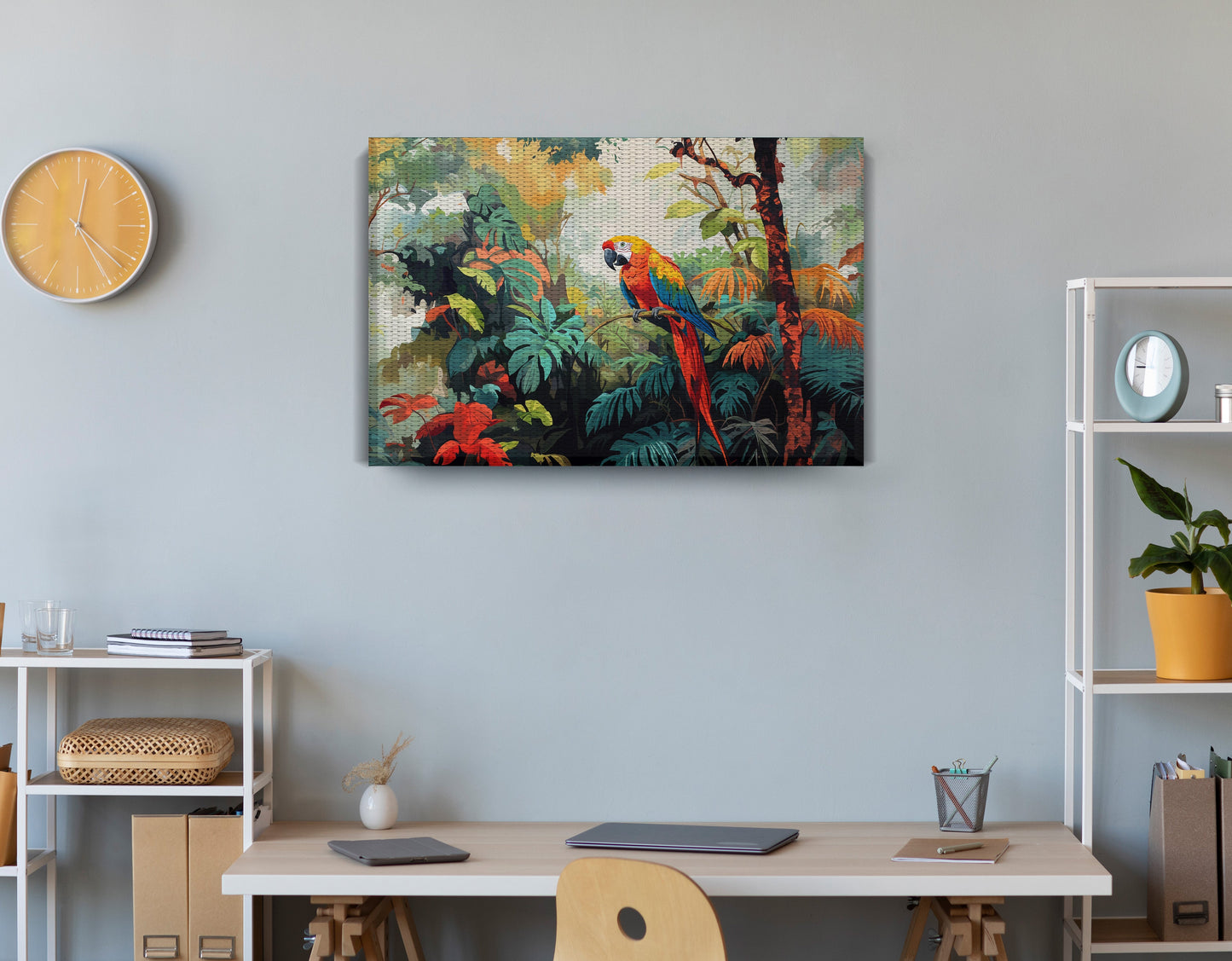 Tropical Parrot Jungle Black Caribbean wall art displayed as office wall decor