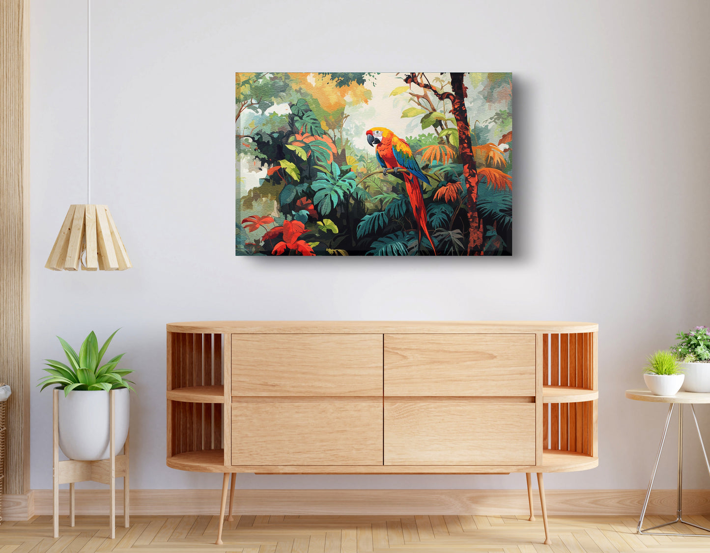 Tropical Parrot Jungle Black Caribbean wall art displayed as living room wall decor