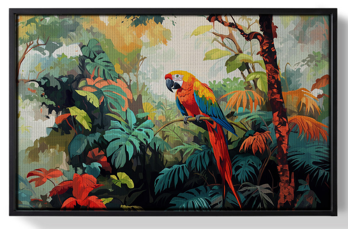 Framed Tropical Parrot Jungle Black Caribbean wall art for home decor