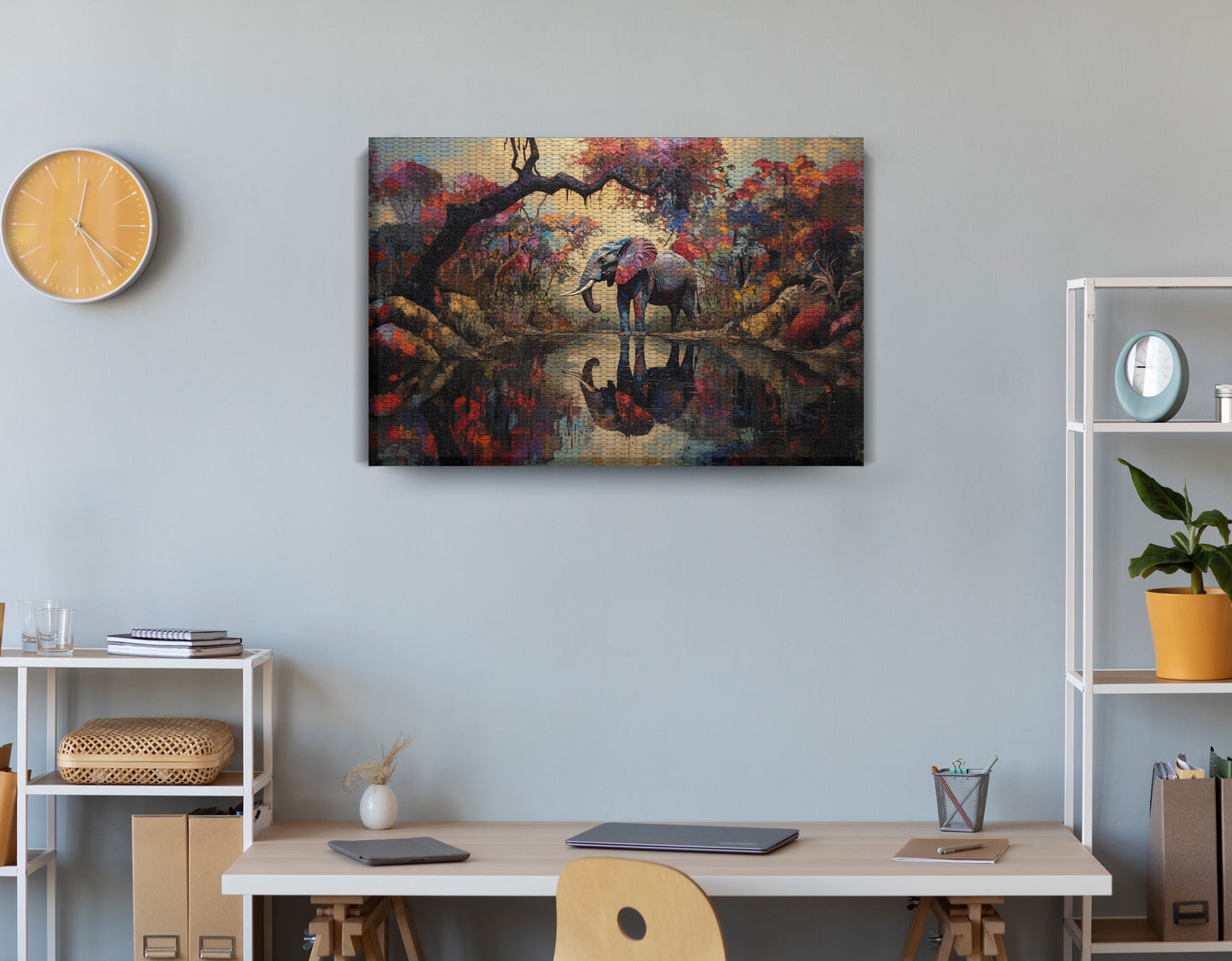 Elephant Forest Reflection African American canvas print displayed as office wall decor