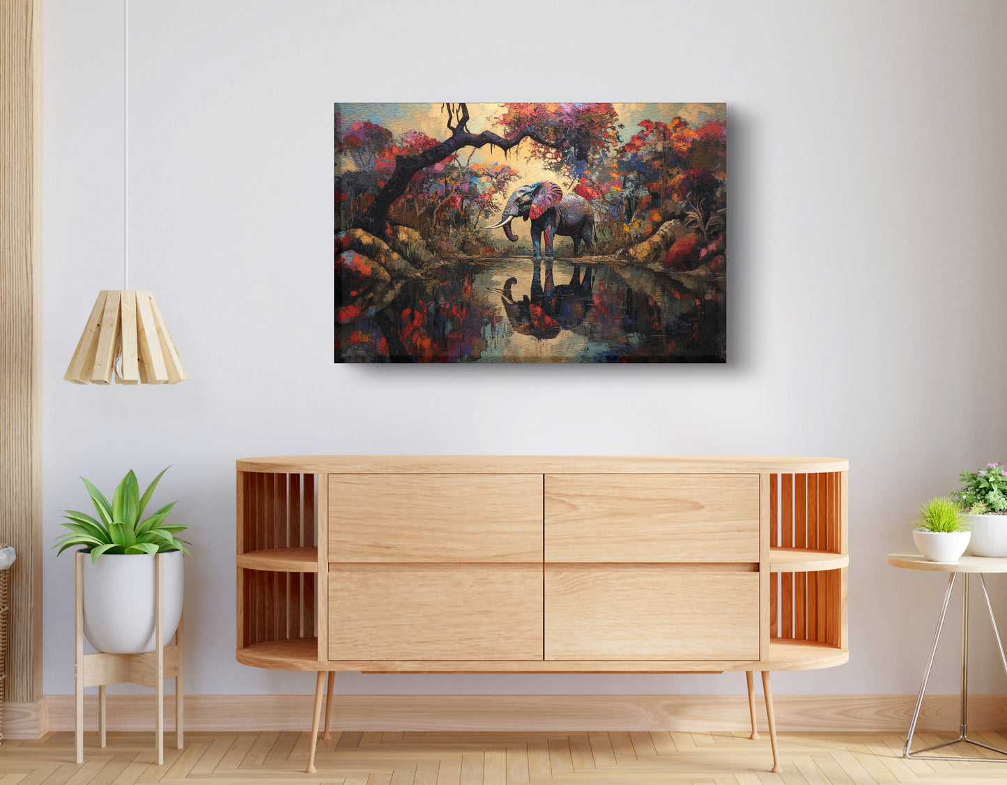 Elephant Forest Reflection African American canvas print displayed as living room wall decor