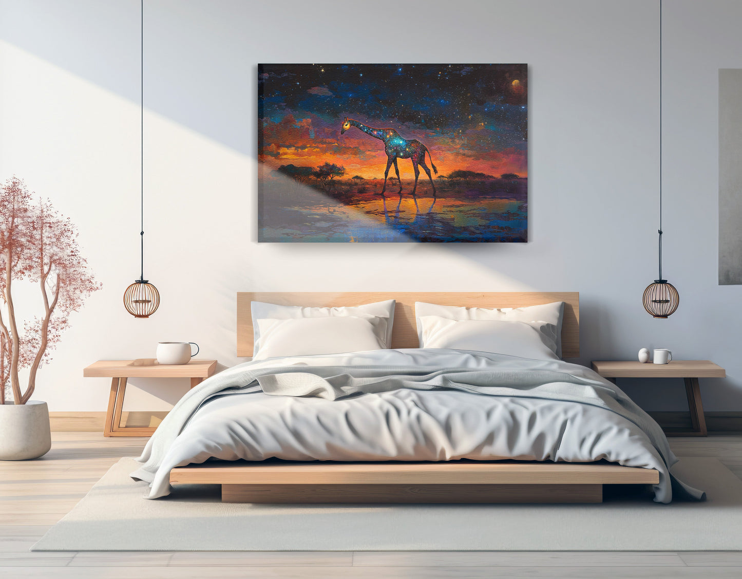 Glowing Giraffe Sunset Black African American canvas print displayed as bedroom wall decor