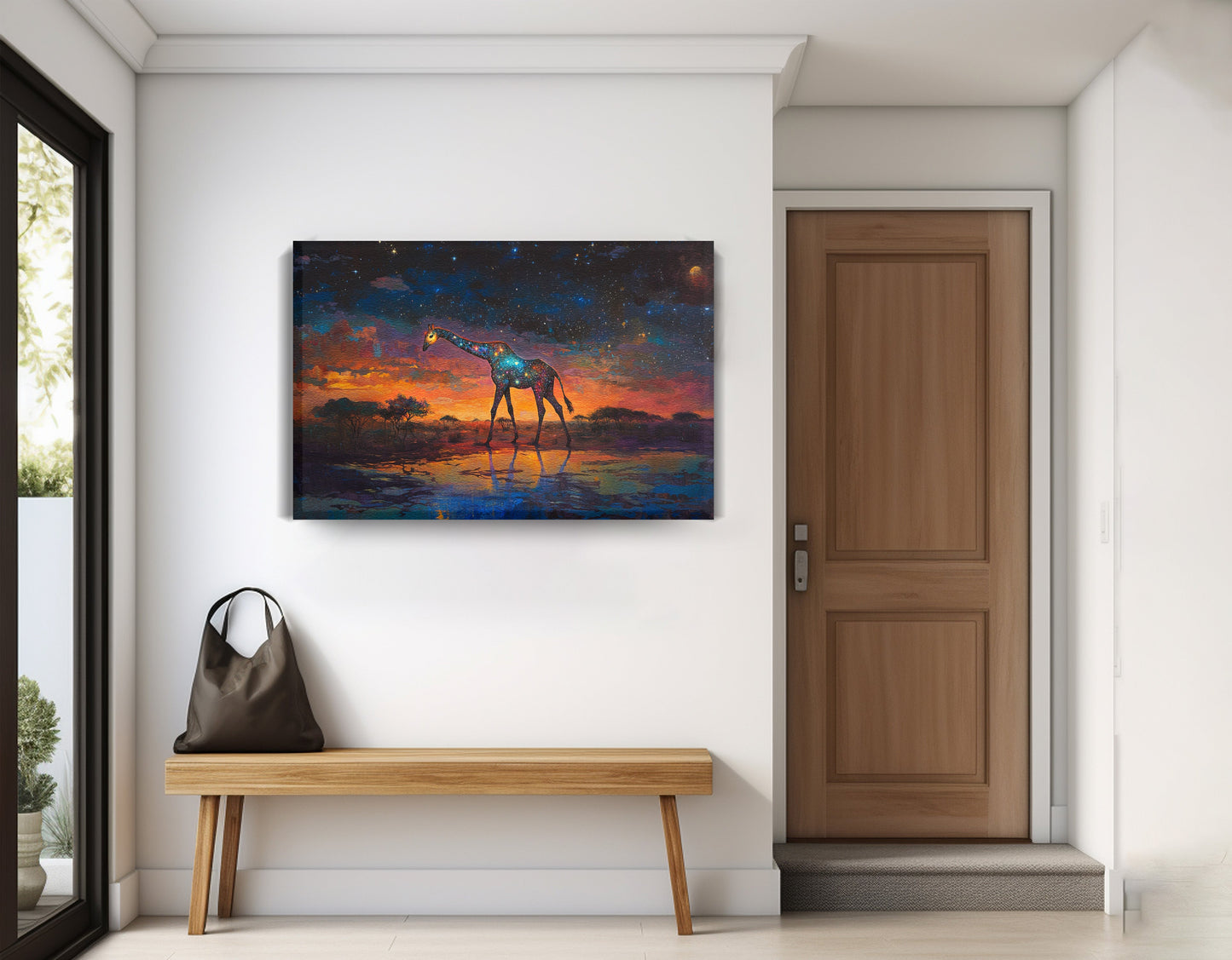 Glowing Giraffe Sunset Black African American canvas print displayed as entryway wall decor