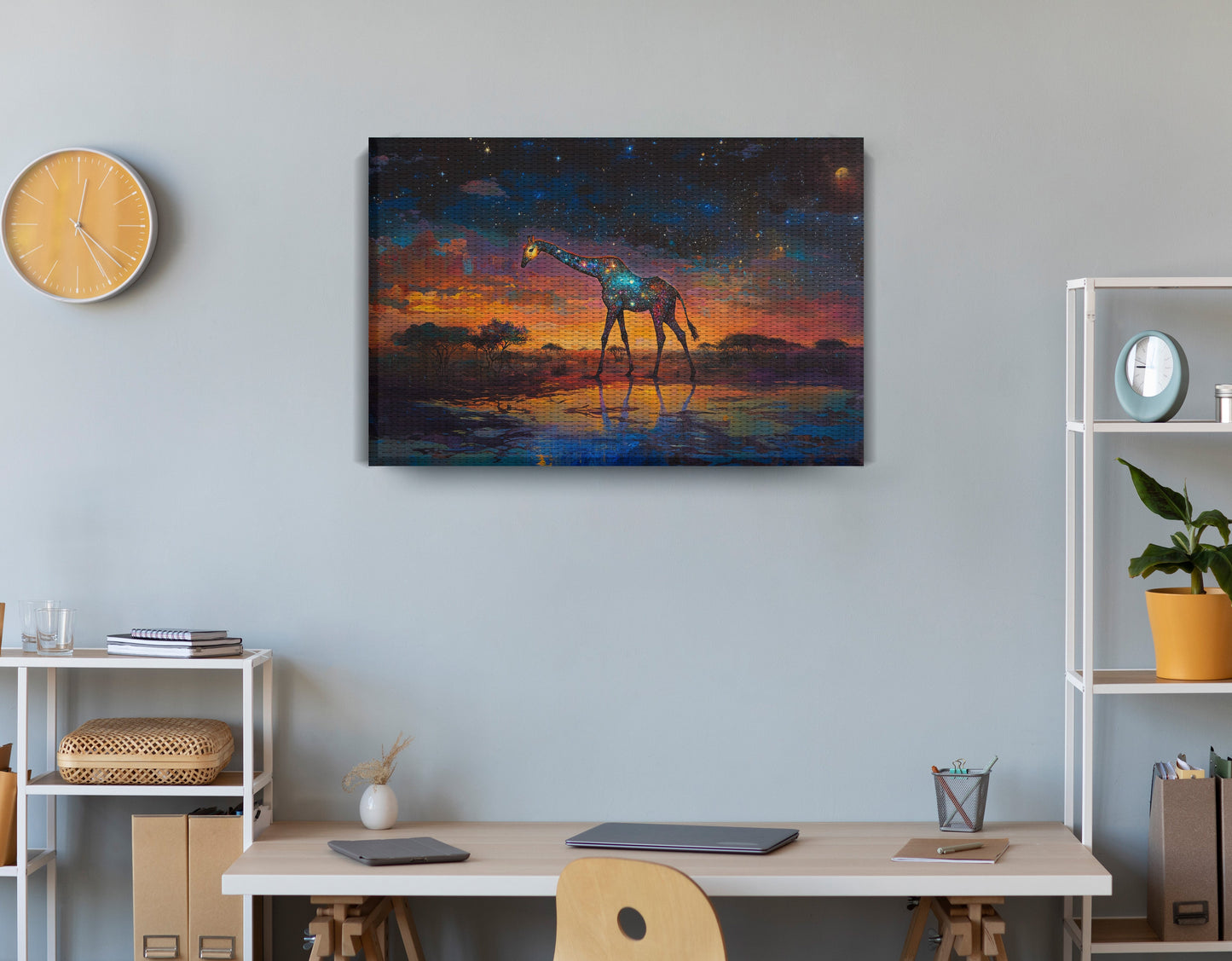 Glowing Giraffe Sunset Black African American canvas print displayed as office wall decor