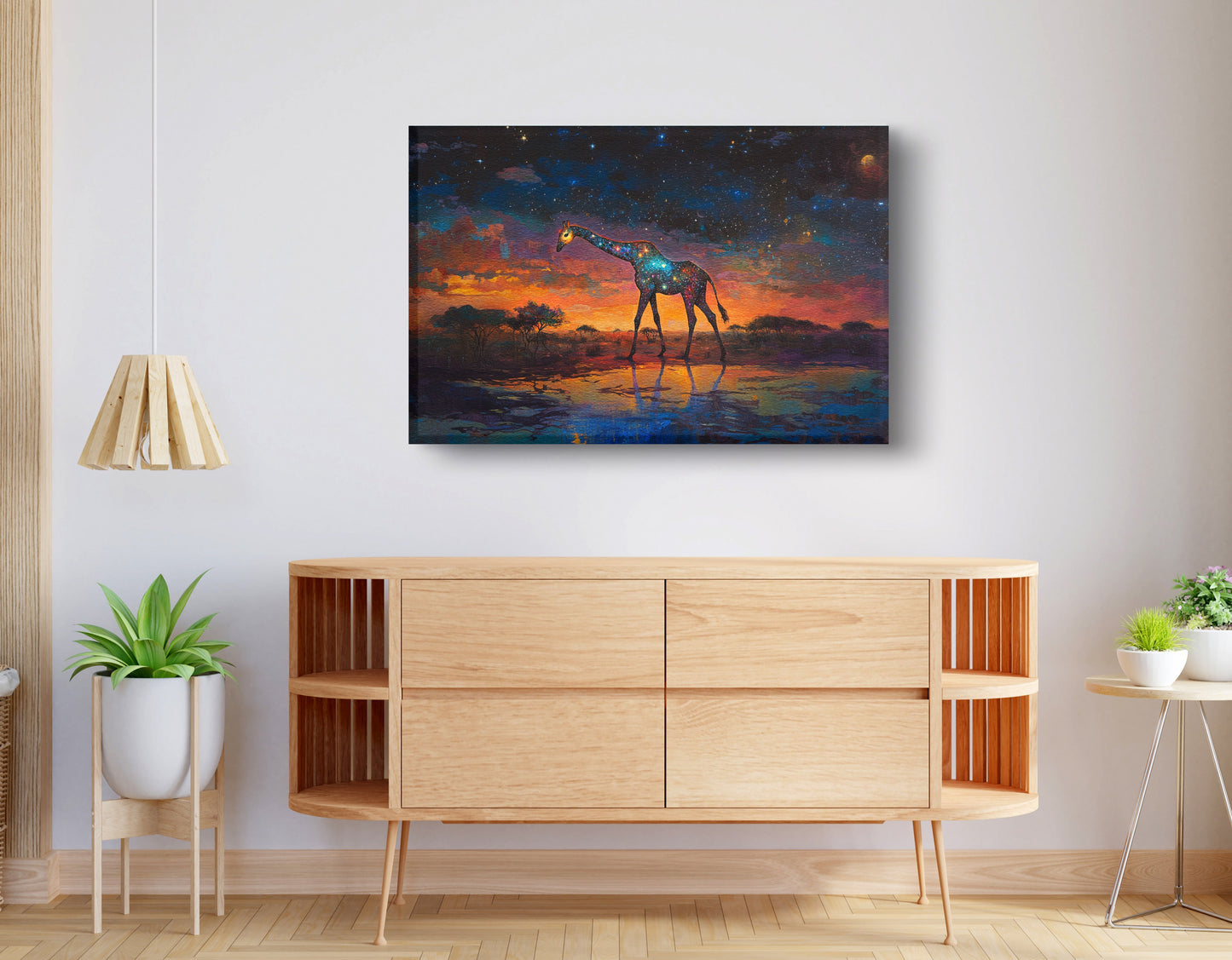 Glowing Giraffe Sunset Black African American canvas print displayed as living room wall decor
