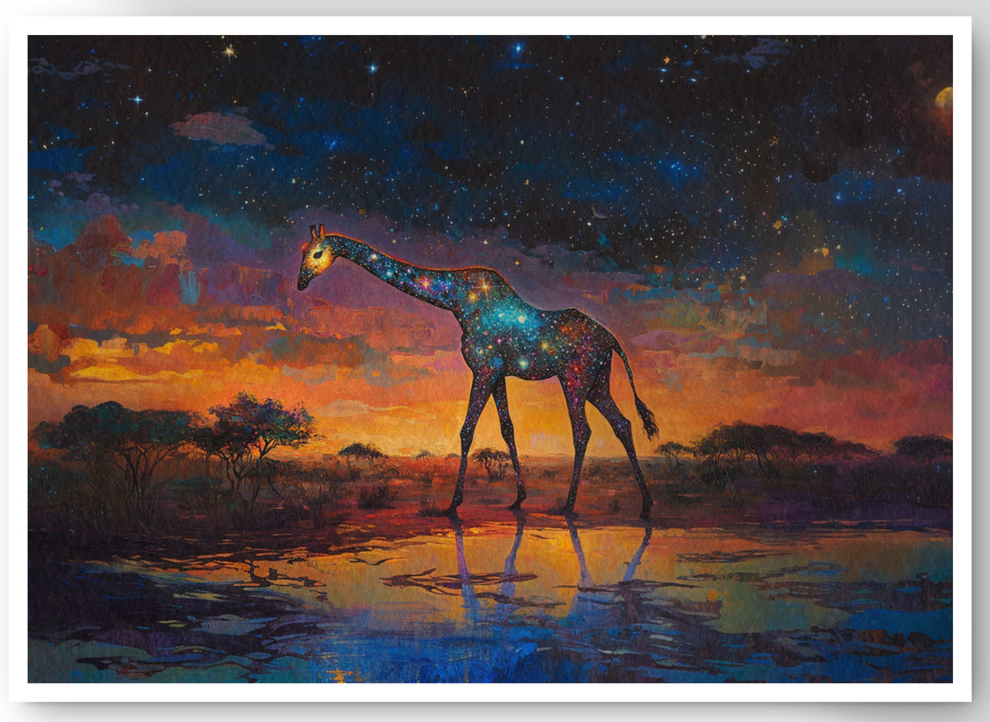 Glowing Giraffe Sunset Black African American canvas print by MoomZee Artwork