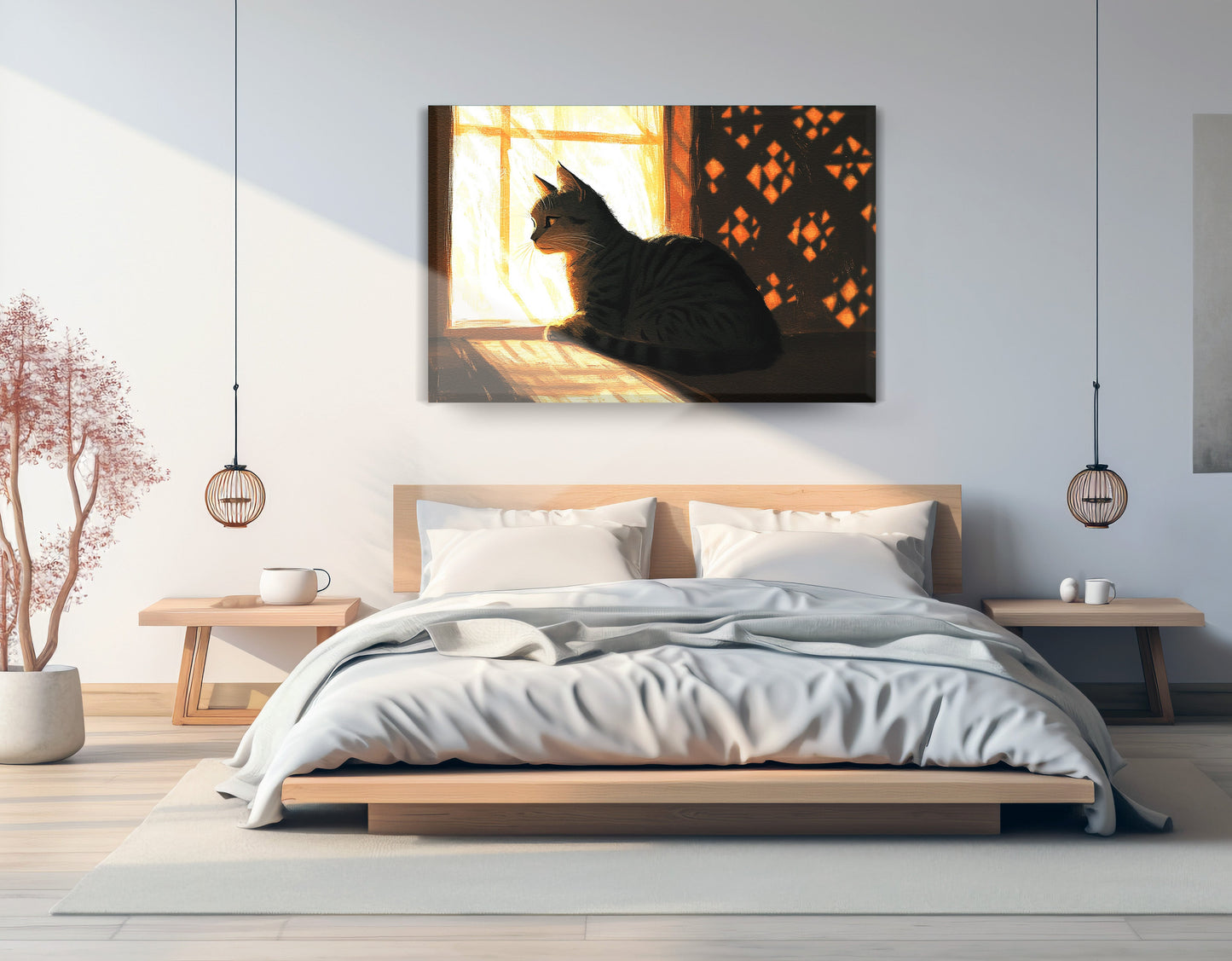 Black Cat Window Light African American canvas print displayed as bedroom wall decor