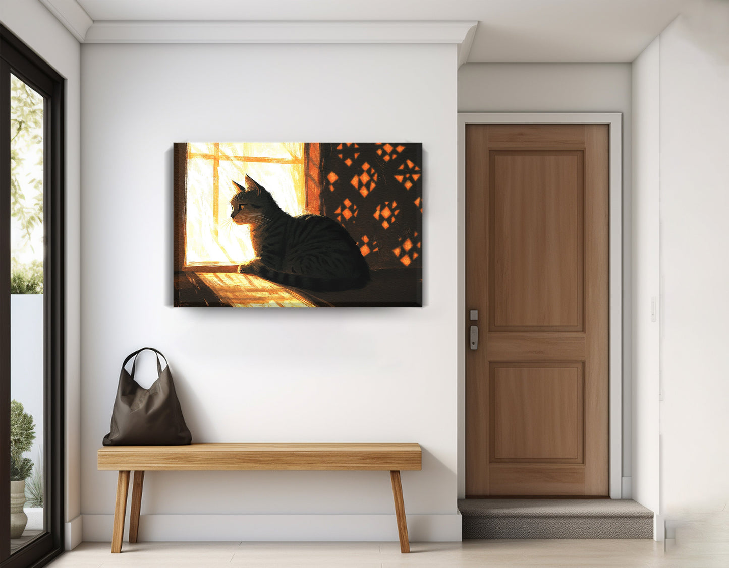 Black Cat Window Light African American canvas print displayed as entryway wall decor