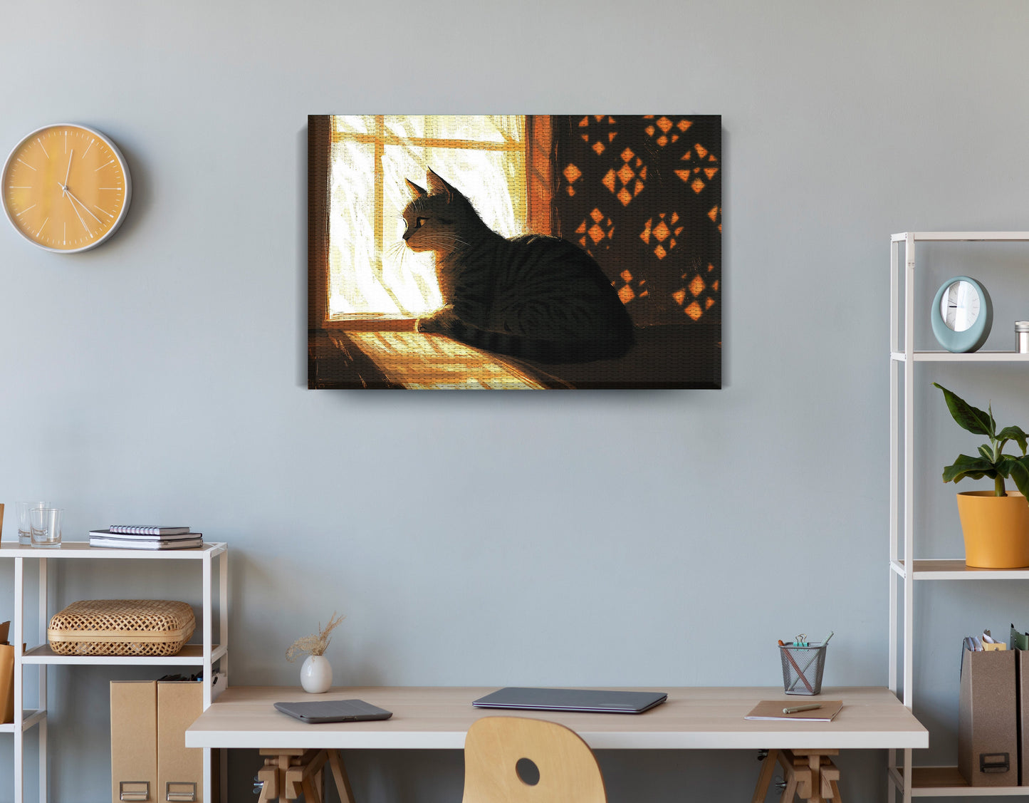 Black Cat Window Light African American canvas print displayed as office wall decor